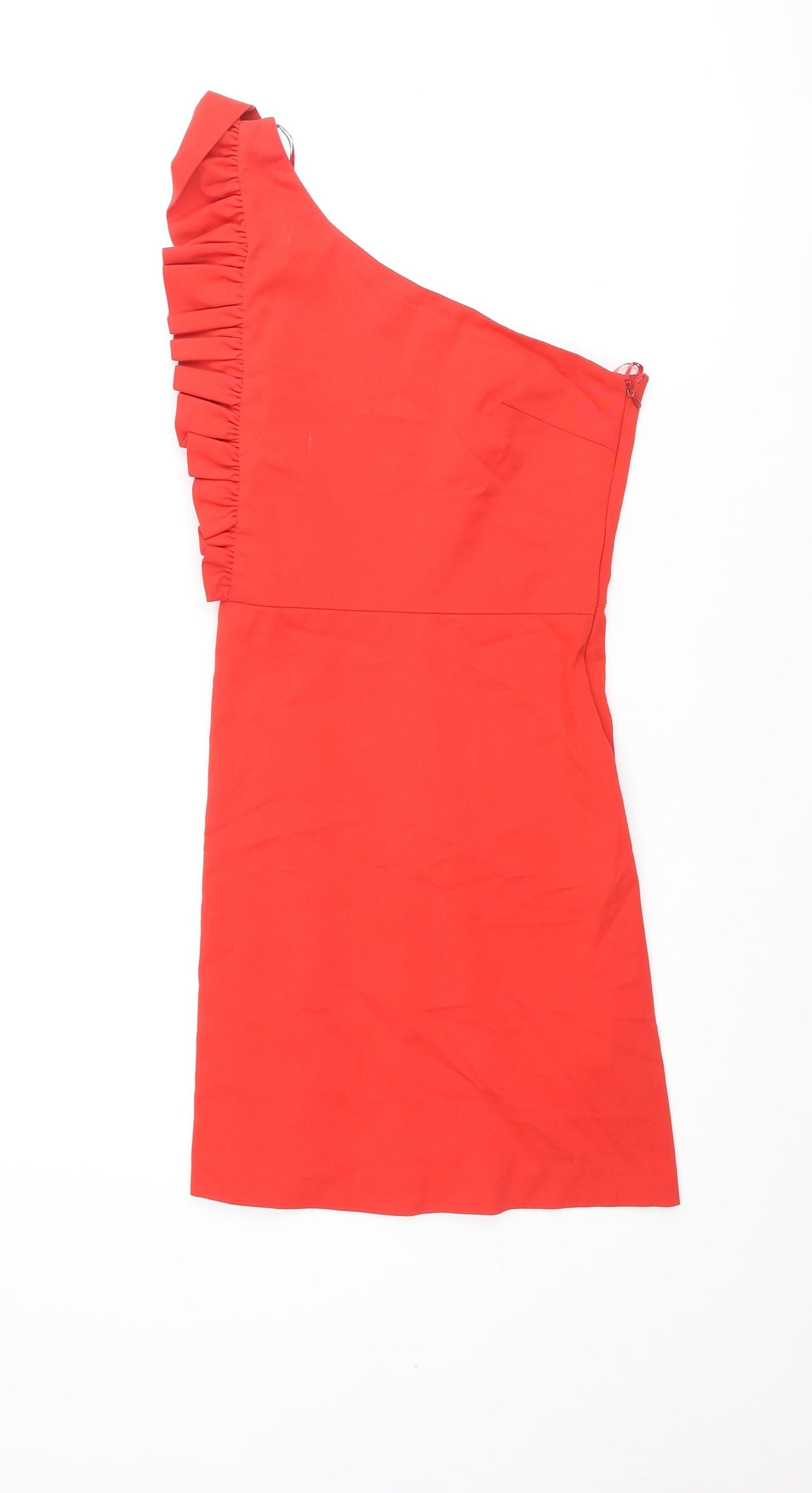 Zara Womens Red Cotton A-Line Size XS One Shoulder Zip - Frill