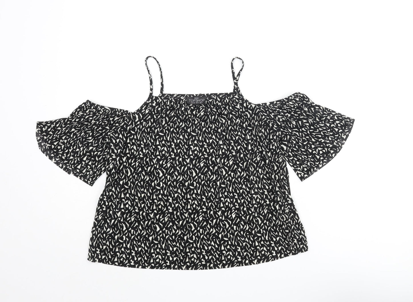 Topshop Womens Black Geometric Polyester Basic Blouse Size 4 Square Neck - Cold Shoulder