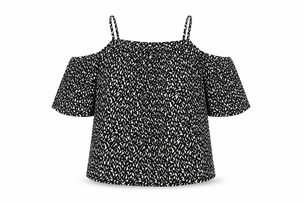 Topshop Womens Black Geometric Polyester Basic Blouse Size 4 Square Neck - Cold Shoulder