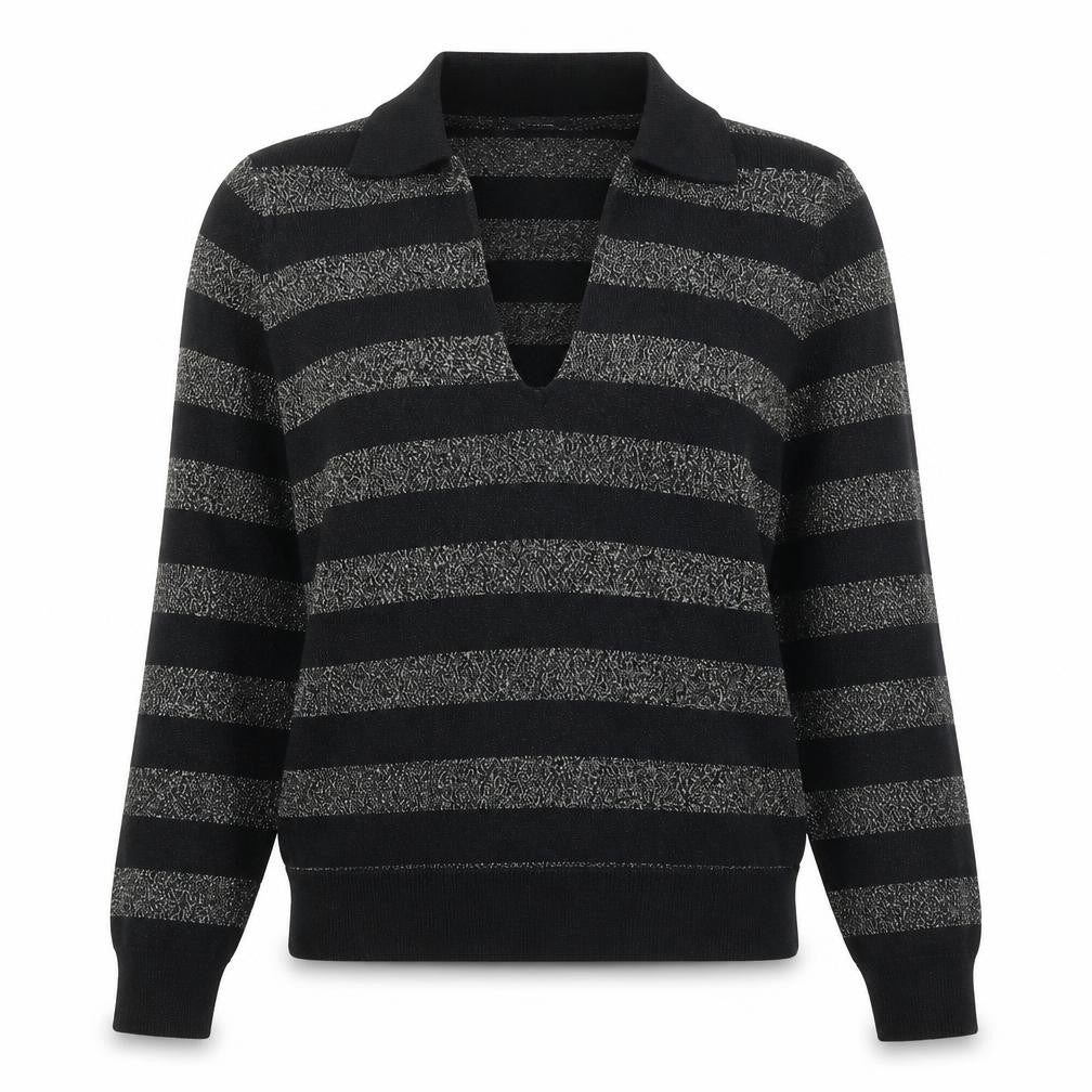Marks & Spencer Womens Black Collared Striped Viscose Pullover Jumper Size S