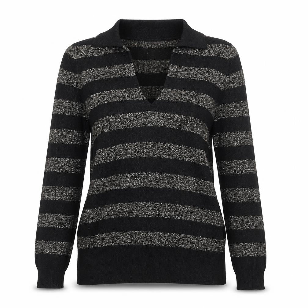 Marks & Spencer Womens Black Collared Striped Viscose Pullover Jumper Size S