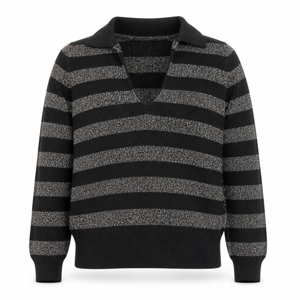 Marks & Spencer Womens Black Collared Striped Viscose Pullover Jumper Size M