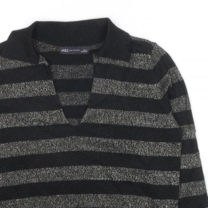 Marks & Spencer Womens Black Collared Striped Viscose Pullover Jumper Size M