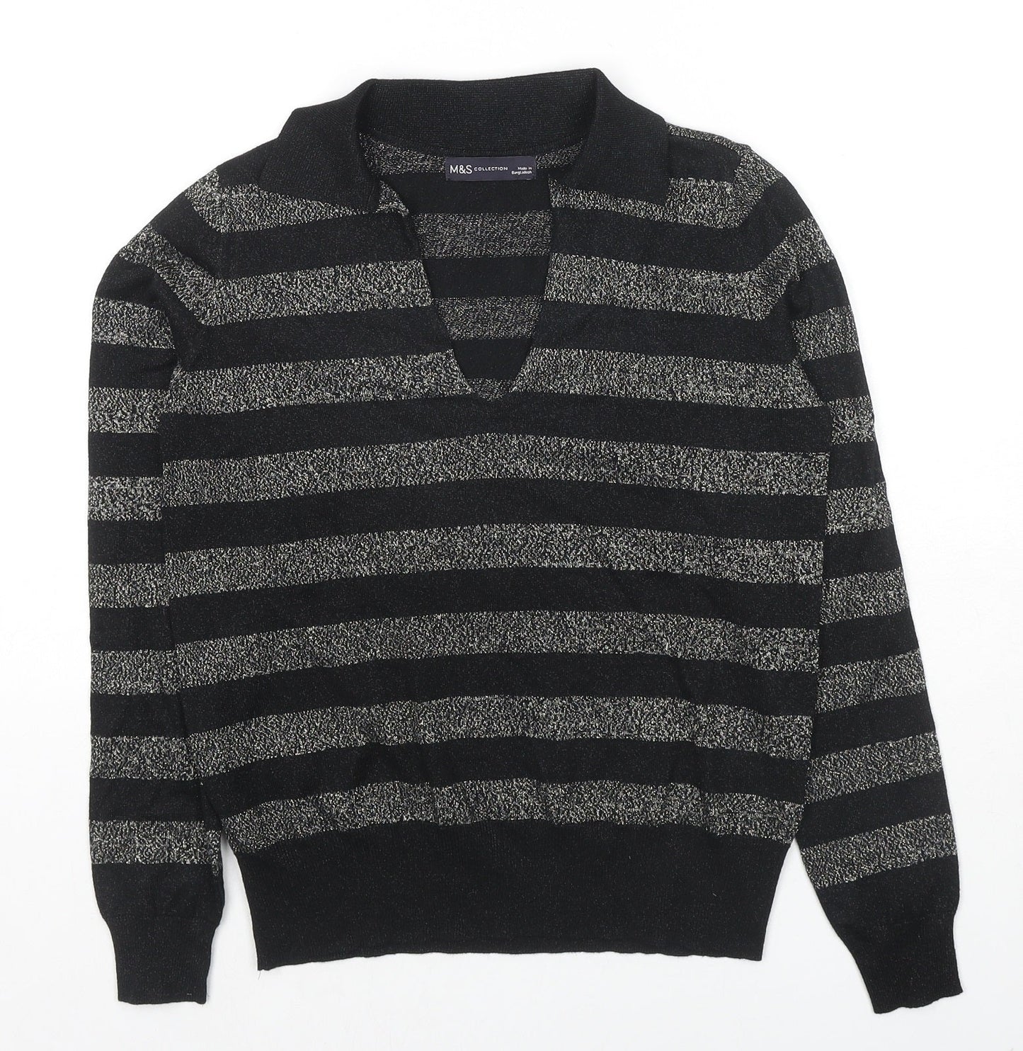 Marks and Spencer Womens Black Collared Striped Viscose Pullover Jumper Size XS