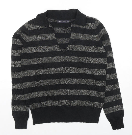 Marks and Spencer Womens Black Collared Striped Viscose Pullover Jumper Size XS
