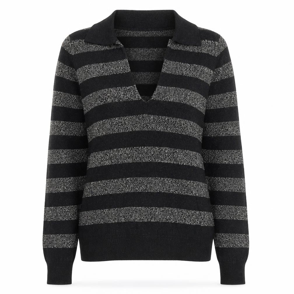 Marks & Spencer Womens Black Collared Striped Viscose Pullover Jumper Size M