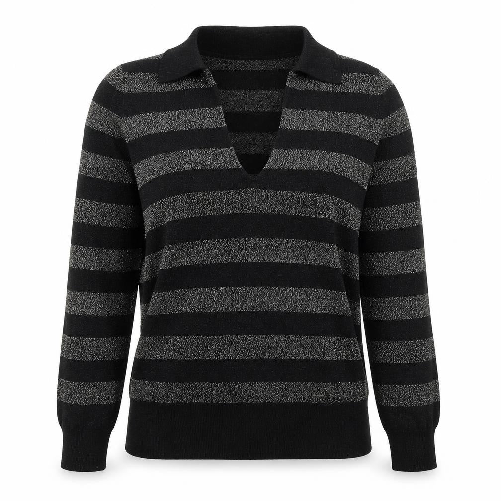 Marks & Spencer Womens Black Collared Striped Viscose Pullover Jumper Size M