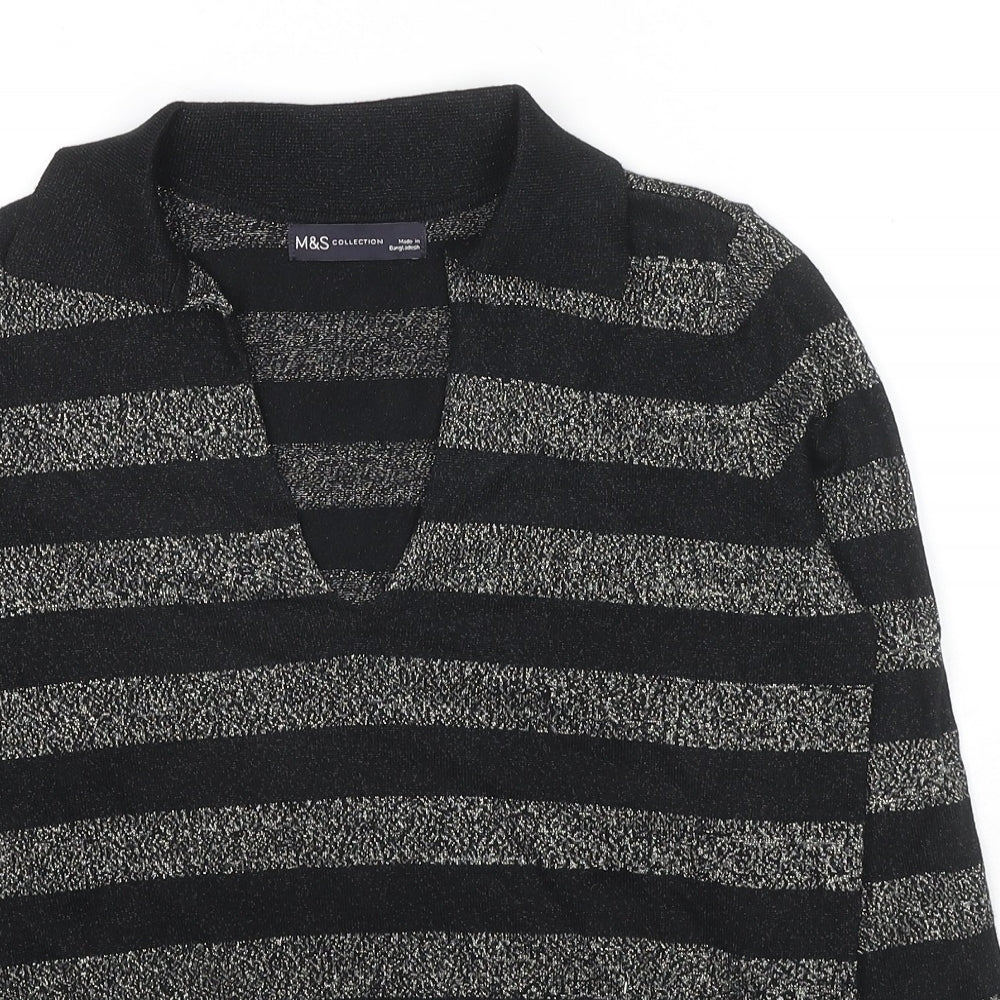 Marks and Spencer Womens Black Collared Striped Viscose Pullover Jumper Size M