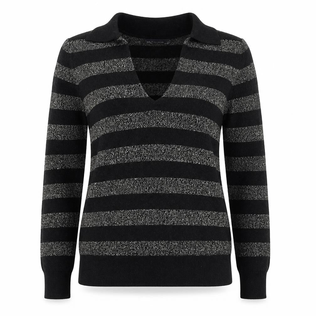 Marks & Spencer Womens Black Collared Striped Viscose Pullover Jumper Size S