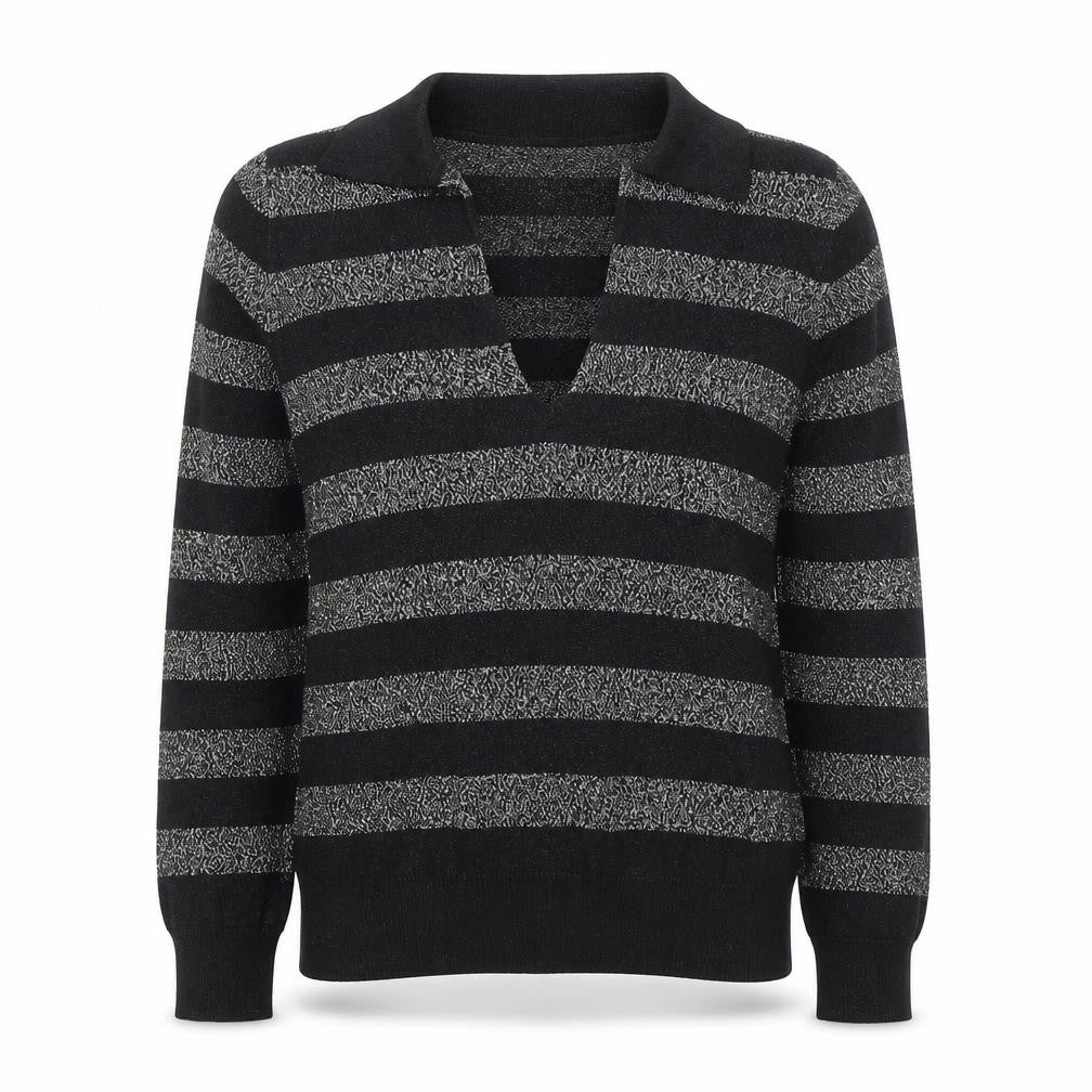 Marks & Spencer Womens Black Collared Striped Viscose Pullover Jumper Size M