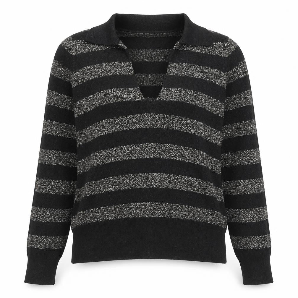 Marks & Spencer Womens Black Collared Striped Viscose Pullover Jumper Size S