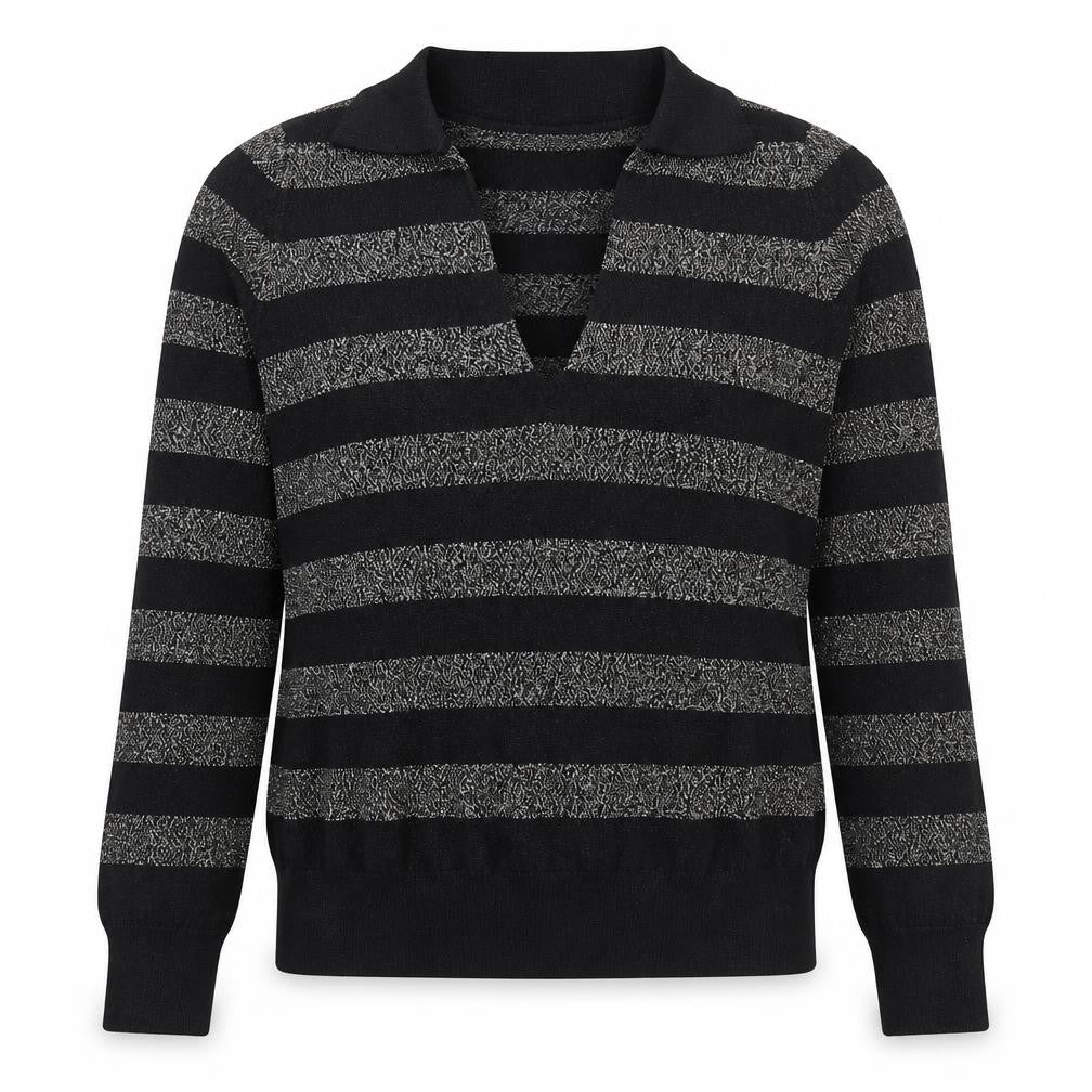 Marks & Spencer Womens Black Collared Striped Viscose Pullover Jumper Size S