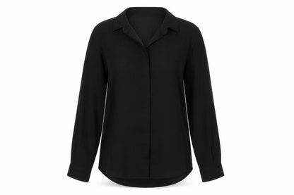 Front view of ASOS women’s black polyester basic button-up, size UK 8, collared