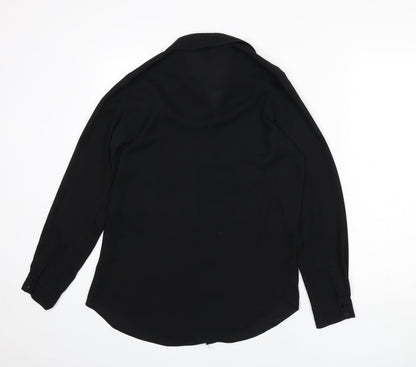 Back view of ASOS women’s black polyester basic button-up, size UK 8, collared