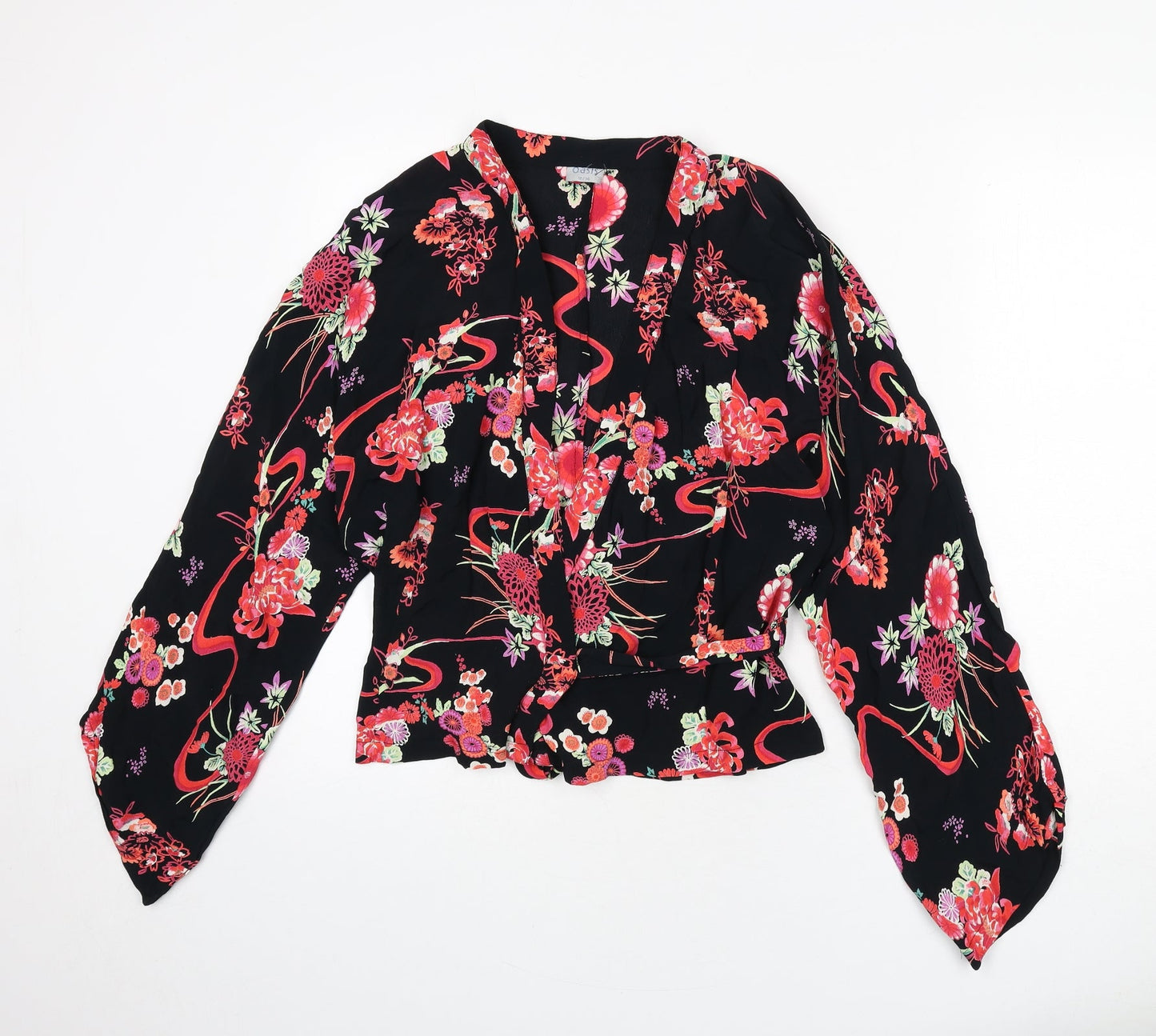 Oasis Womens Black Floral Viscose Wrap Blouse Size 10 V-Neck