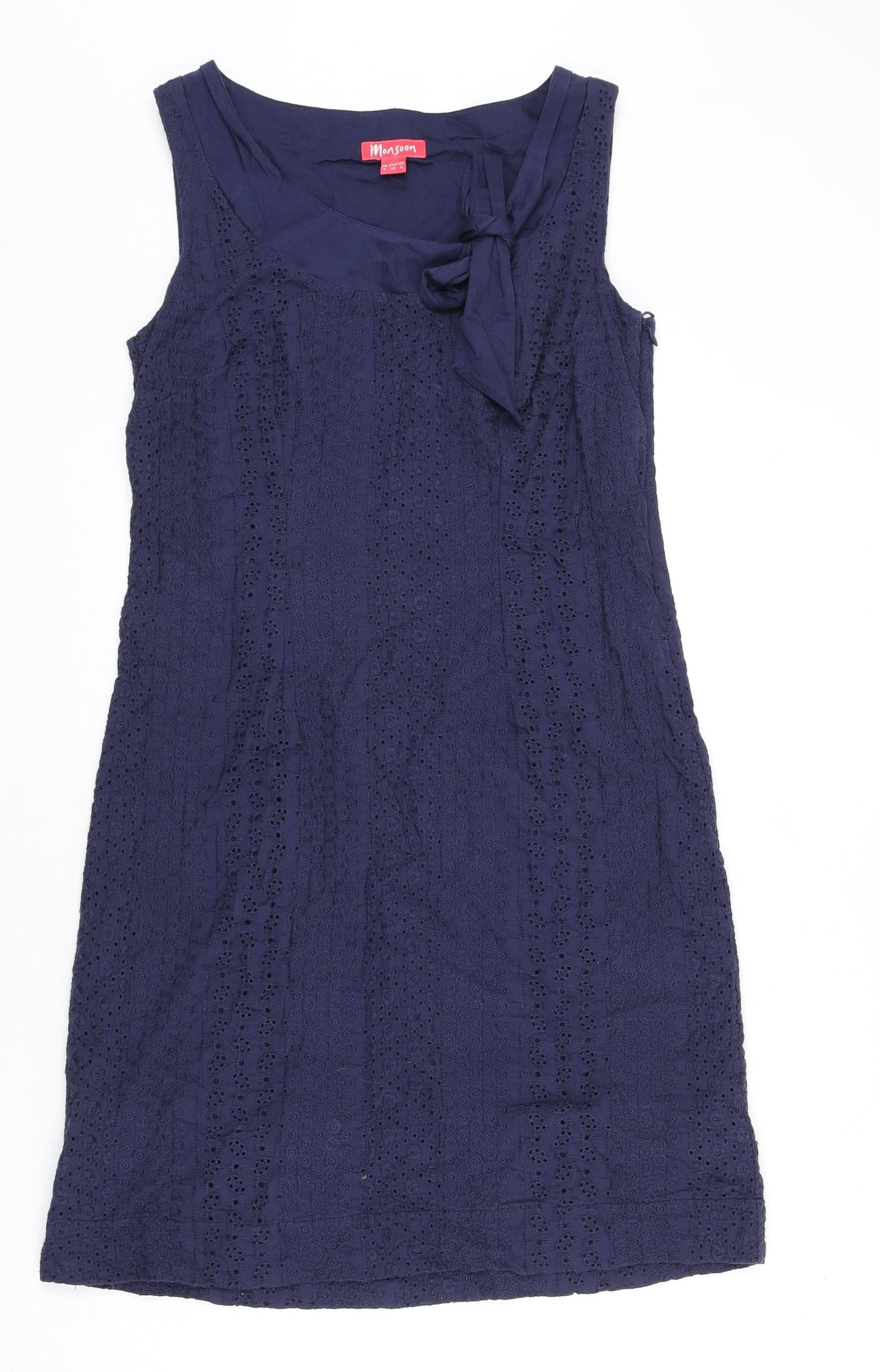 Monsoon Womens Blue Cotton A-Line Size 8 Round Neck Zip - Floral Embroidery, Tie Detail