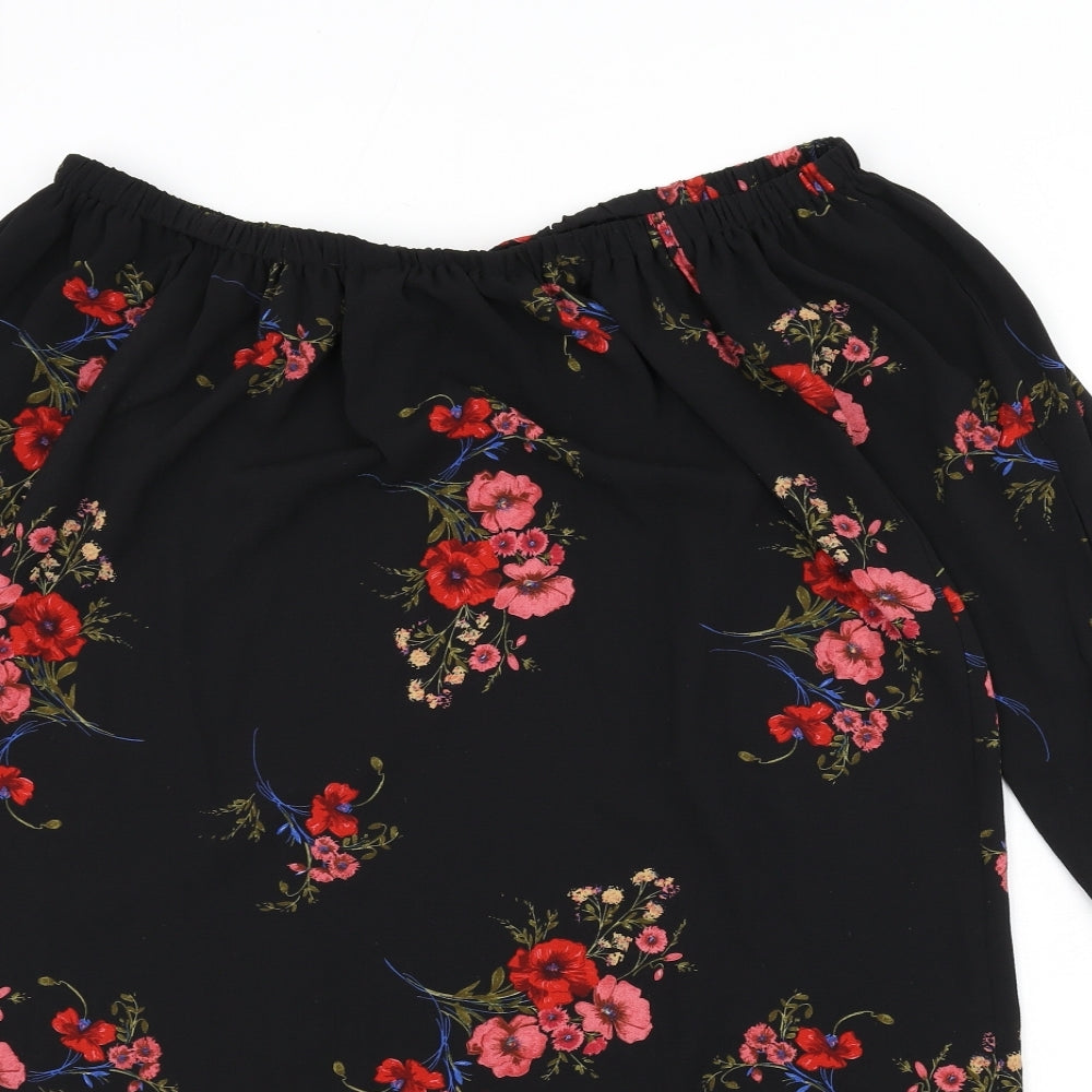 Cameo Rose Womens Black Floral Polyester A-Line Size 14 Off the Shoulder Pullover - Bardot, Sleeve Tie Detail