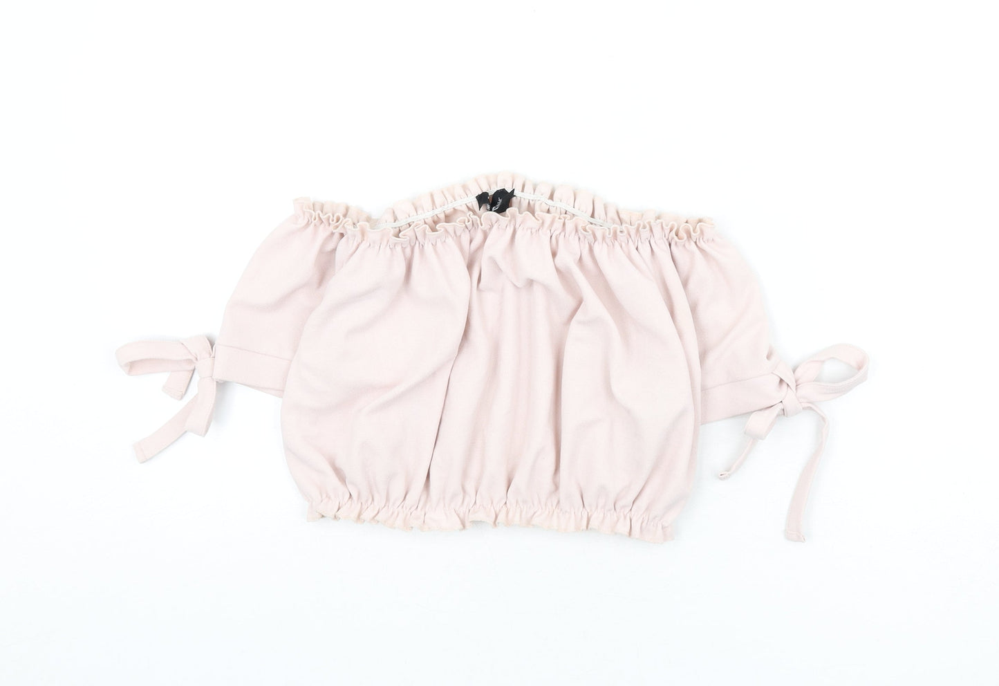 New Look Womens Pink Polyester Cropped T-Shirt Size 10 Off the Shoulder - Tie Sleeve Detail, Bardot