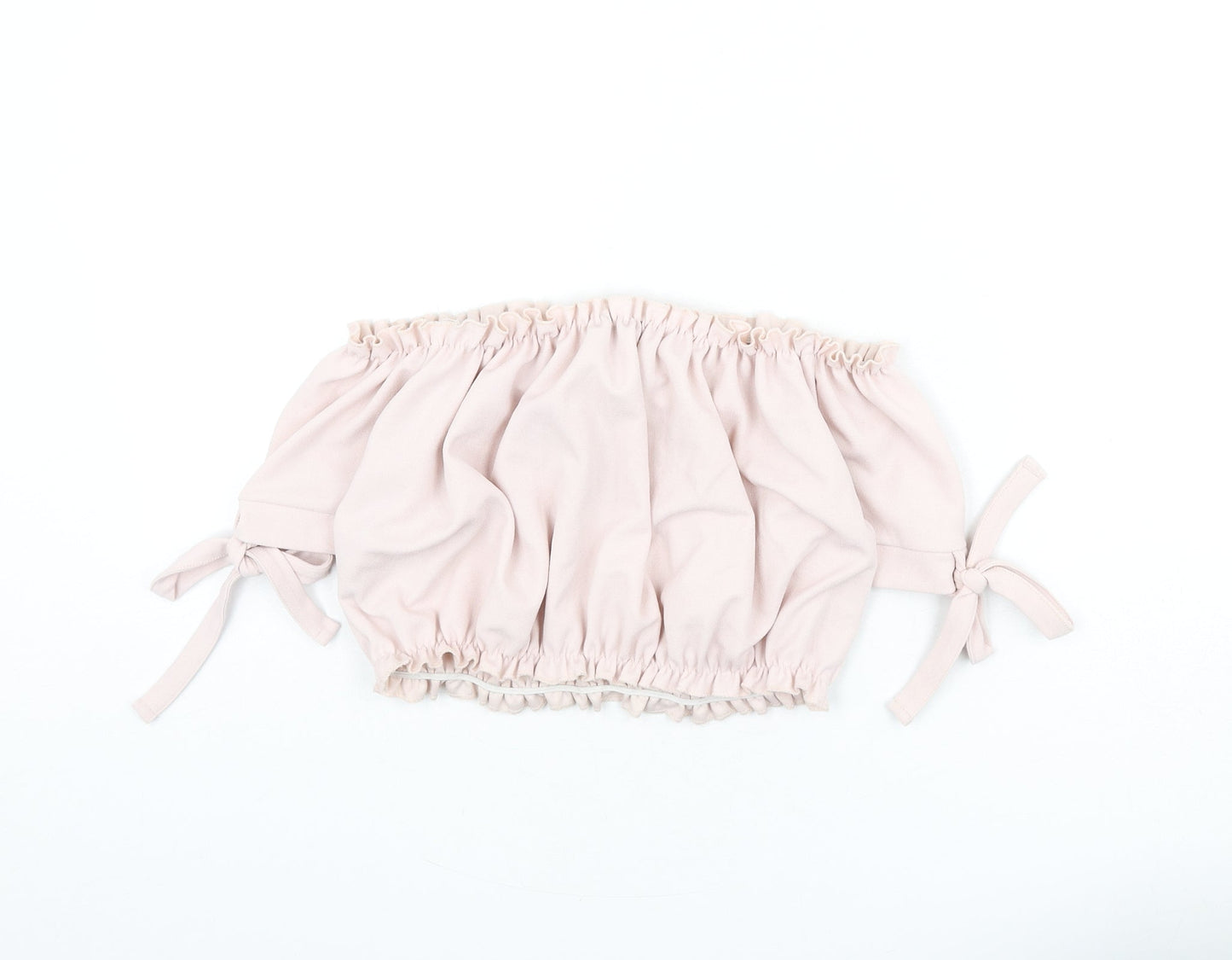 New Look Womens Pink Polyester Cropped T-Shirt Size 10 Off the Shoulder - Tie Sleeve Detail, Bardot