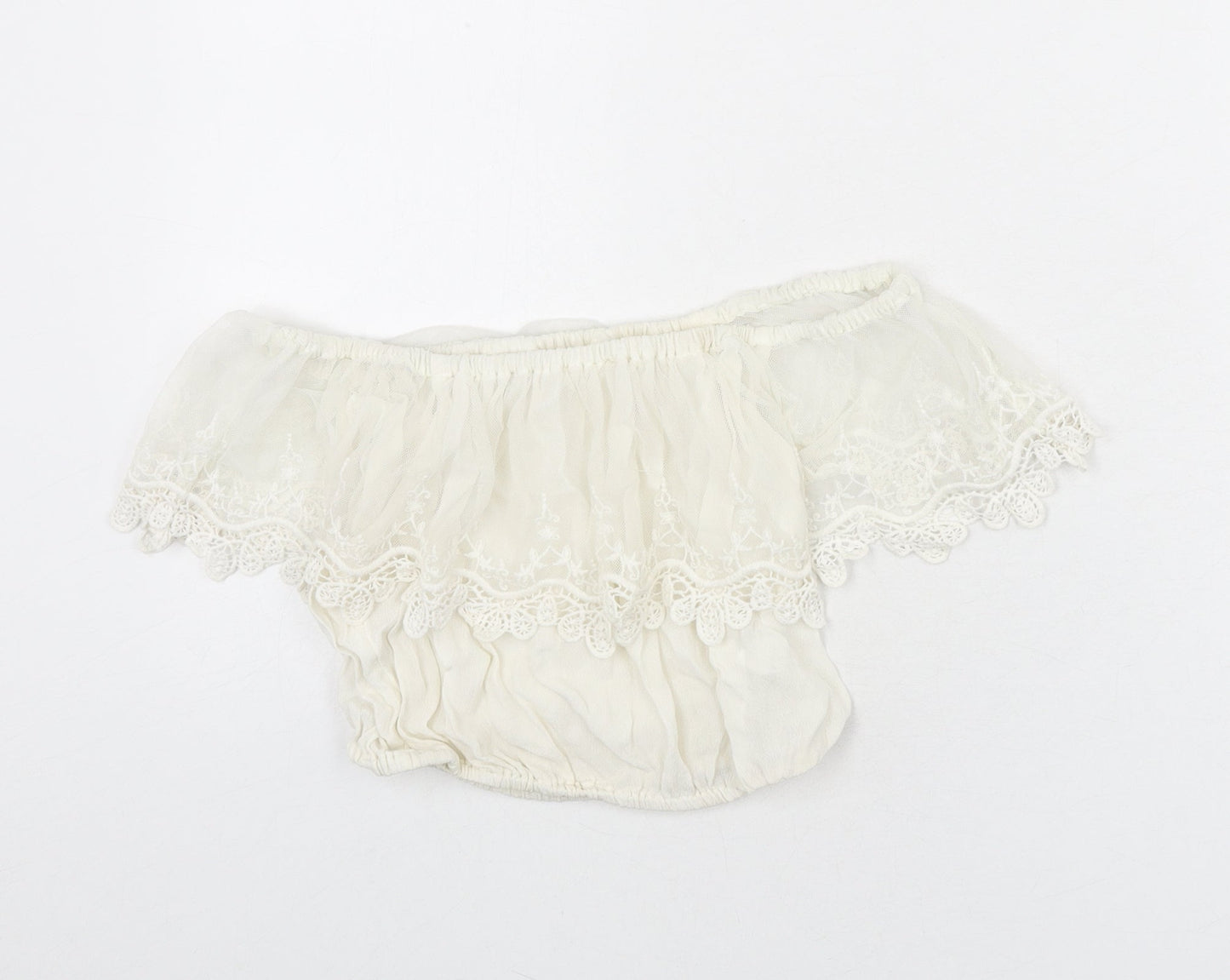 River Island Womens Ivory Nylon Cropped Blouse Size 6 Off the Shoulder - Lace Trim