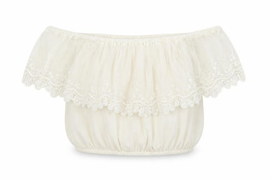 River Island Womens Ivory Nylon Cropped Blouse Size 6 Off the Shoulder - Lace Trim
