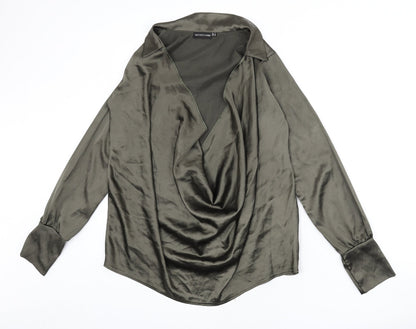 PRETTYLITTLETHING Womens Green Polyester Basic Blouse Size 4 Collared - Plunging Neckline, Cowl Neckline