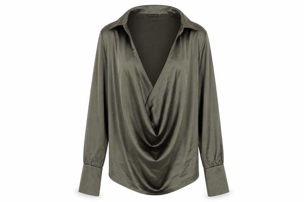 PRETTYLITTLETHING Womens Green Polyester Basic Blouse Size 4 Collared - Plunging Neckline, Cowl Neckline