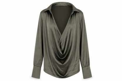 PRETTYLITTLETHING Womens Green Polyester Basic Blouse Size 4 Collared - Plunging Neckline, Cowl Neckline