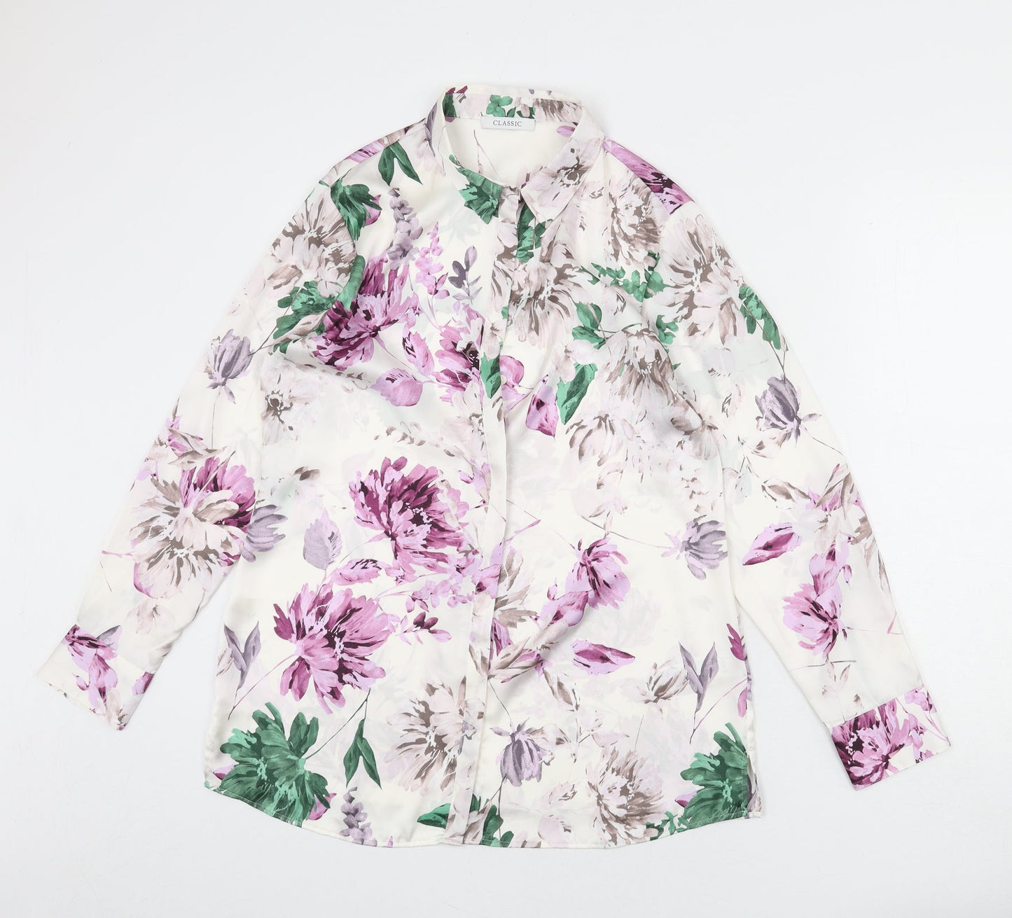 Classic Womens Ivory Floral Polyester Basic Button-Up Size 12 Collared