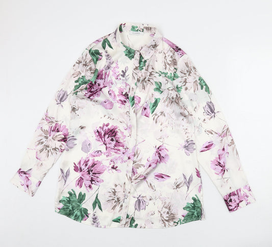 Classic Womens Ivory Floral Polyester Basic Button-Up Size 12 Collared