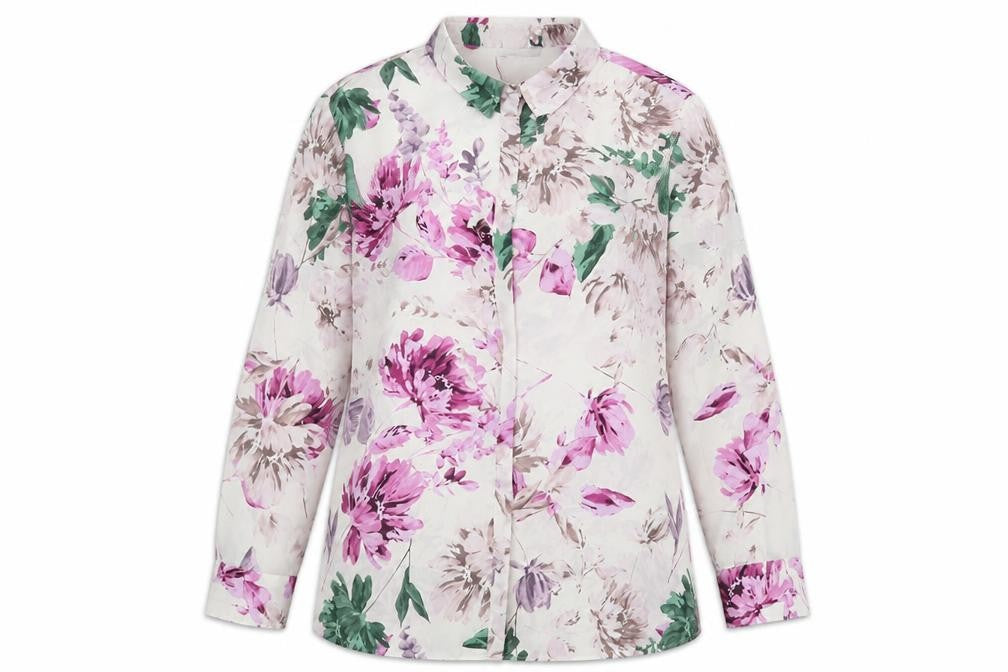 Classic Womens Ivory Floral Polyester Basic Button-Up Size 12 Collared