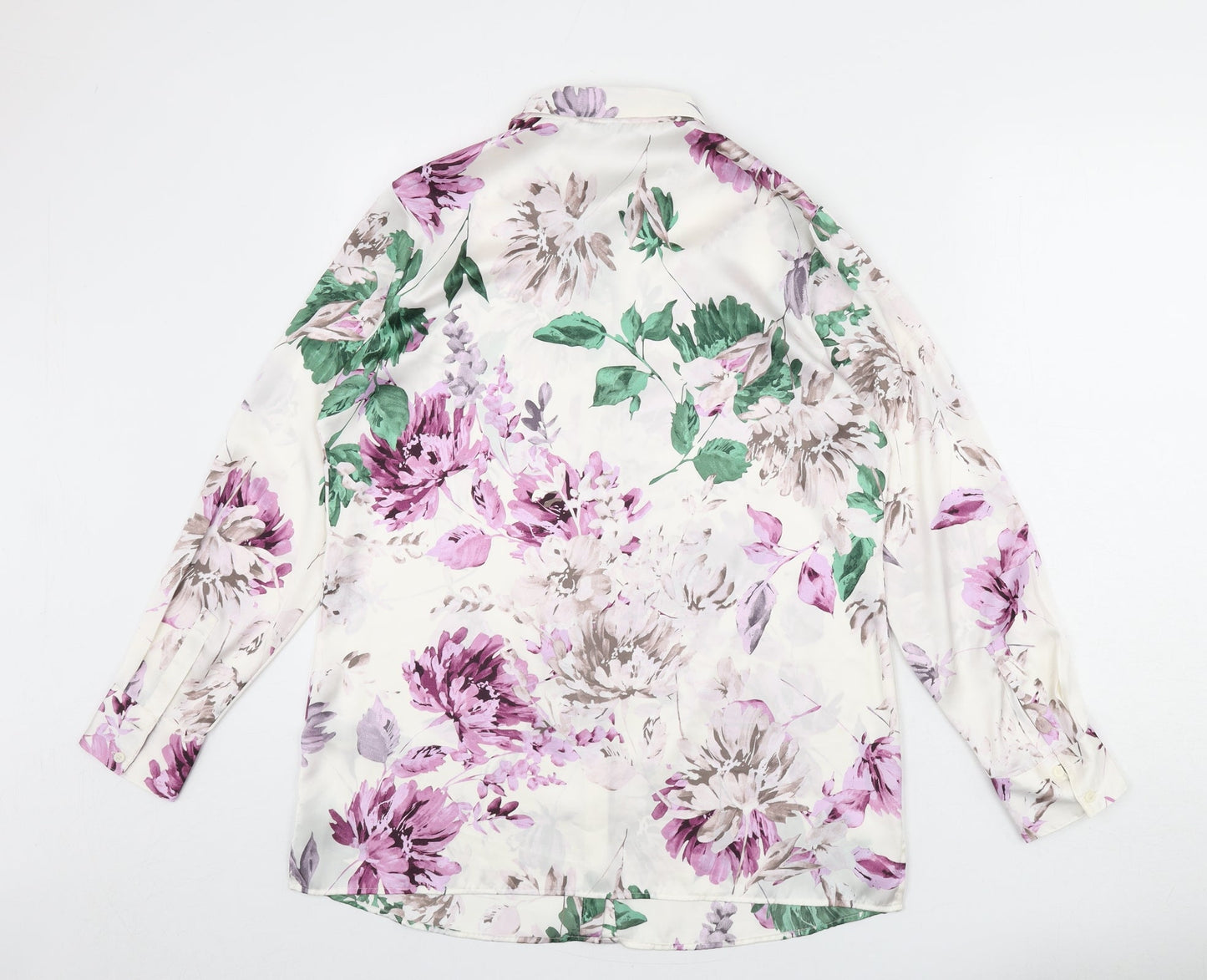 Classic Womens Ivory Floral Polyester Basic Button-Up Size 12 Collared