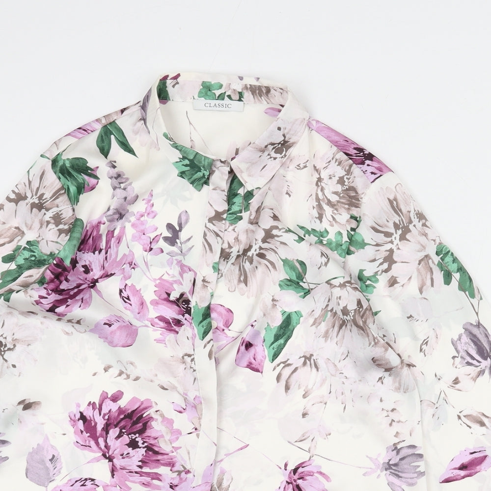 Classic Womens Ivory Floral Polyester Basic Button-Up Size 12 Collared