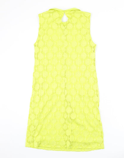 Back view of Principles women’s yellow geometric polyester sheath, size UK 10, collared button