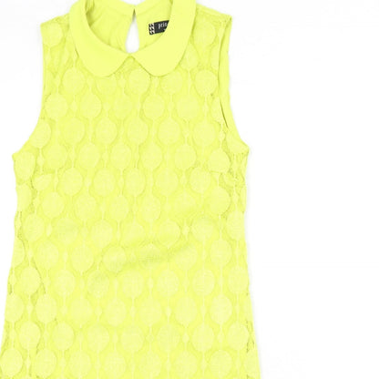 Close-up detail of Principles women’s yellow geometric polyester sheath, size UK 10, collared button