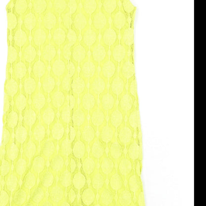 Brand and care label for Principles women’s yellow geometric polyester sheath, size UK 10, collared button
