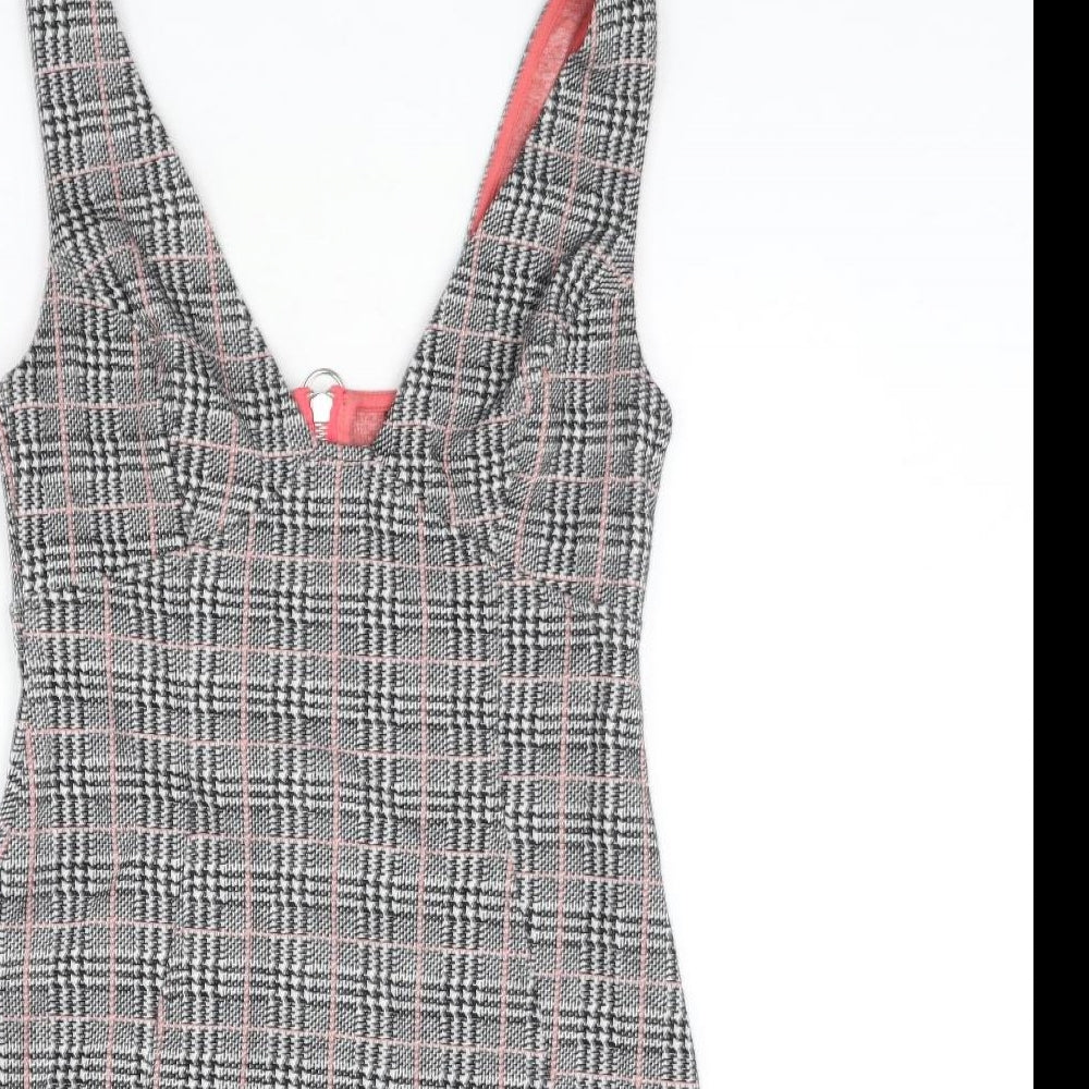 Topshop Womens Multicoloured Plaid Cotton A-Line Size 10 V-Neck Zip - Houndstooth