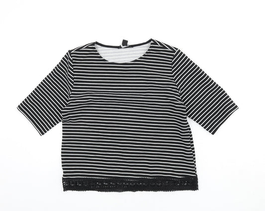 New Look Womens Black Striped Polyester Basic T-Shirt Size 10 Round Neck - Lace Trim