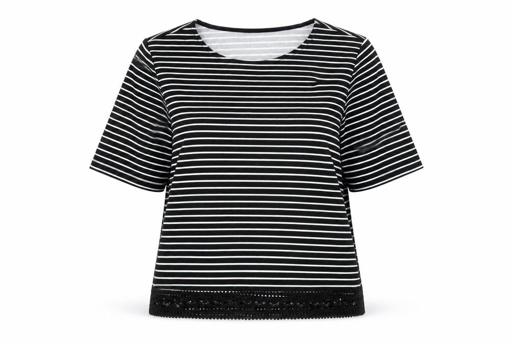 New Look Womens Black Striped Polyester Basic T-Shirt Size 10 Round Neck - Lace Trim