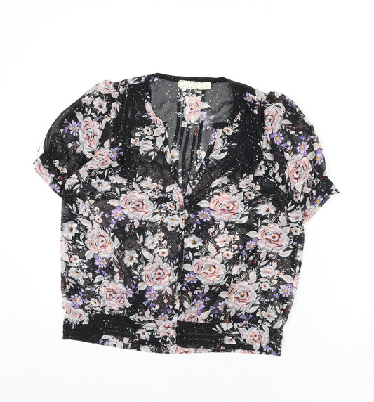 Pins & Needles Womens Black Floral Polyester Basic Button-Up Size S V-Neck