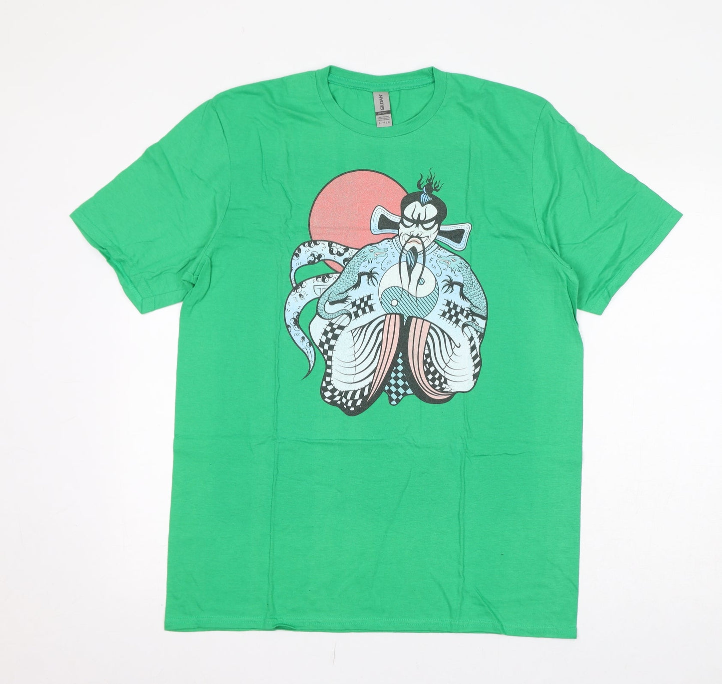 Gildan Womens Green Cotton Basic T-Shirt Size L Round Neck - Chinese Character