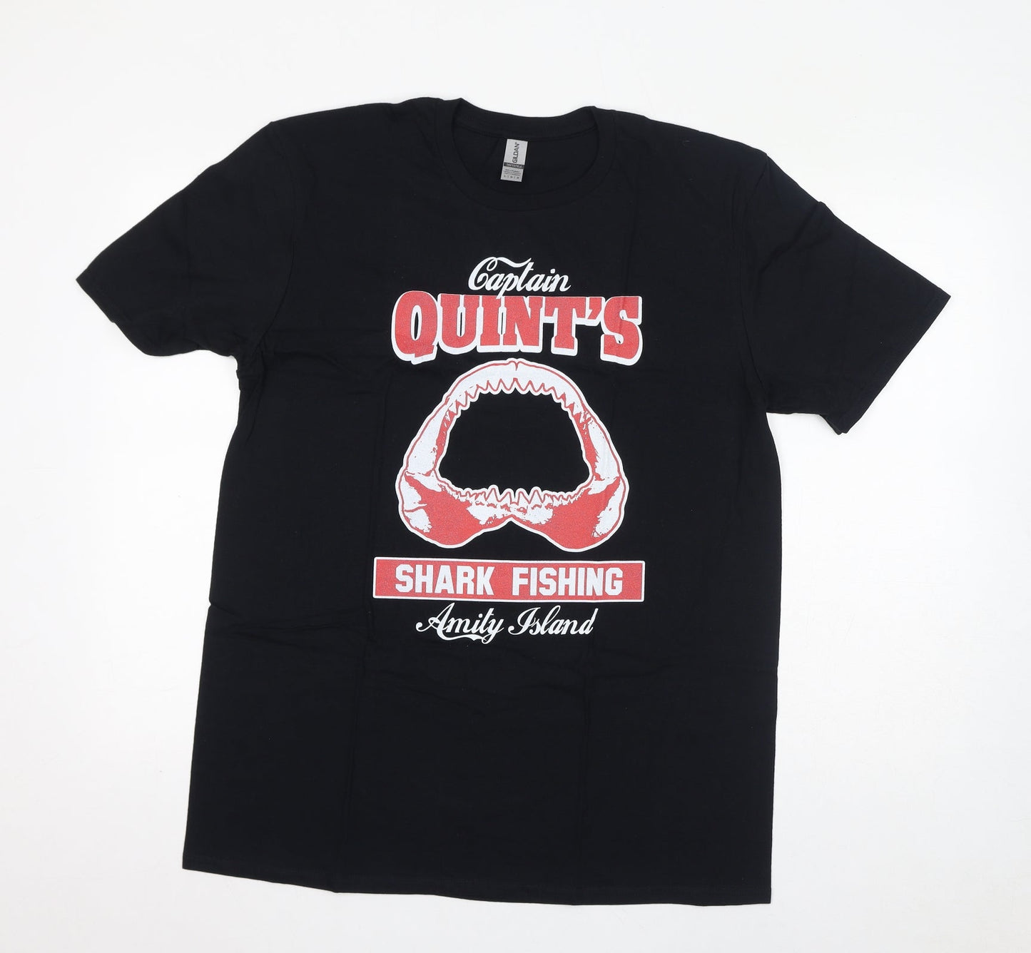 Gildan Womens Black Cotton Basic T-Shirt Size L Round Neck - Captain Quints, Shark Fishing