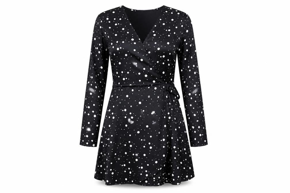 Dancing Leopard Womens Black Polka Dot Polyester A-Line Size 8 V-Neck Tie