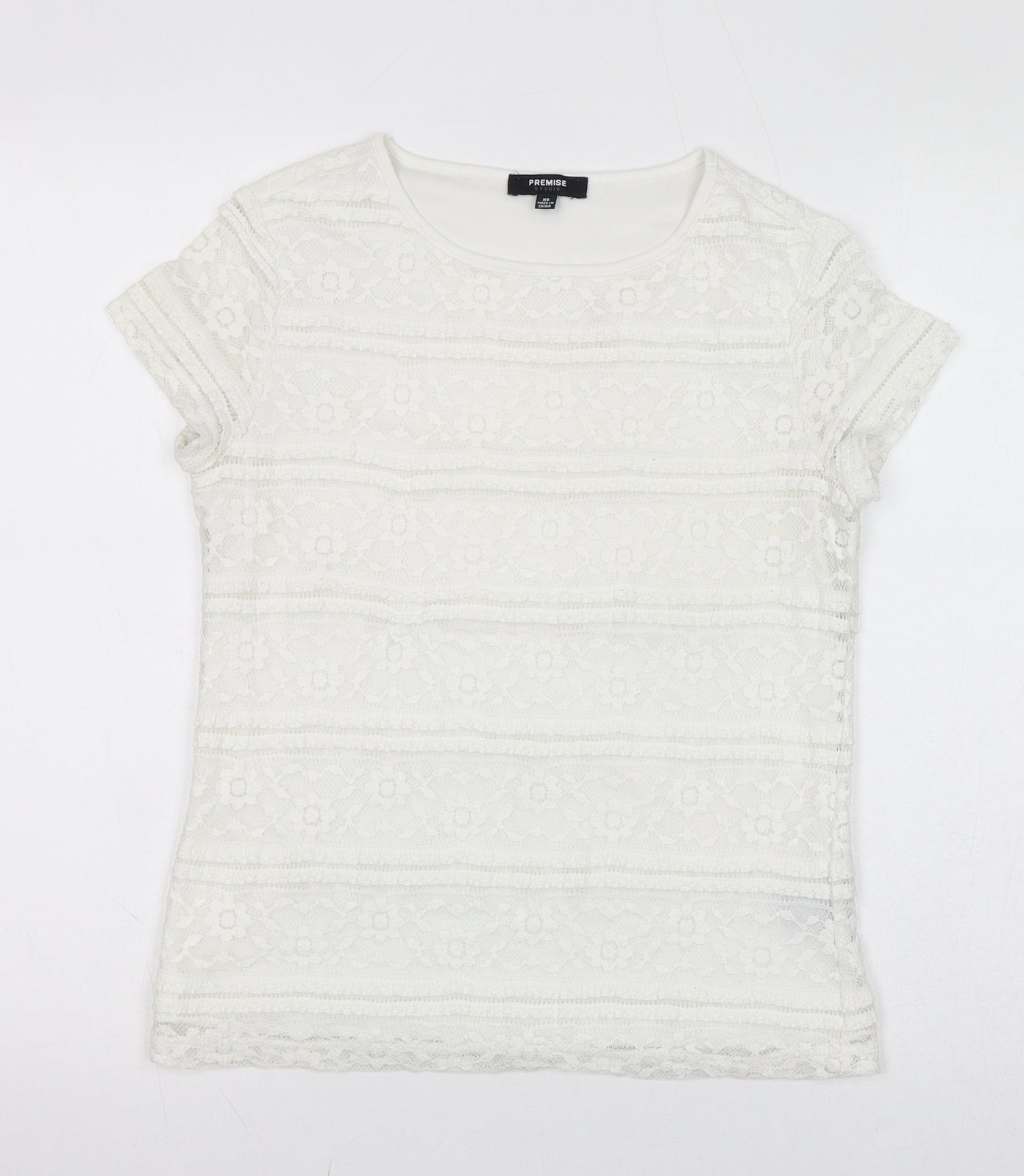 Premise Womens White Polyester Basic T-Shirt Size XS Round Neck - Lace