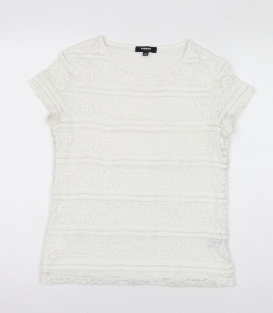 Premise Womens White Polyester Basic T-Shirt Size XS Round Neck - Lace