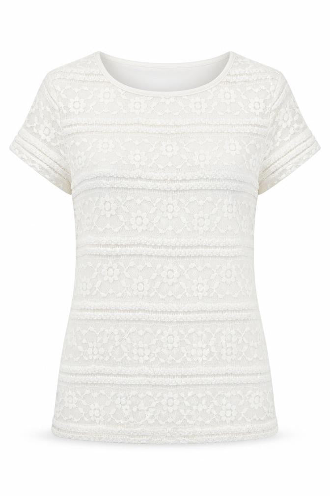 Premise Womens White Polyester Basic T-Shirt Size XS Round Neck - Lace
