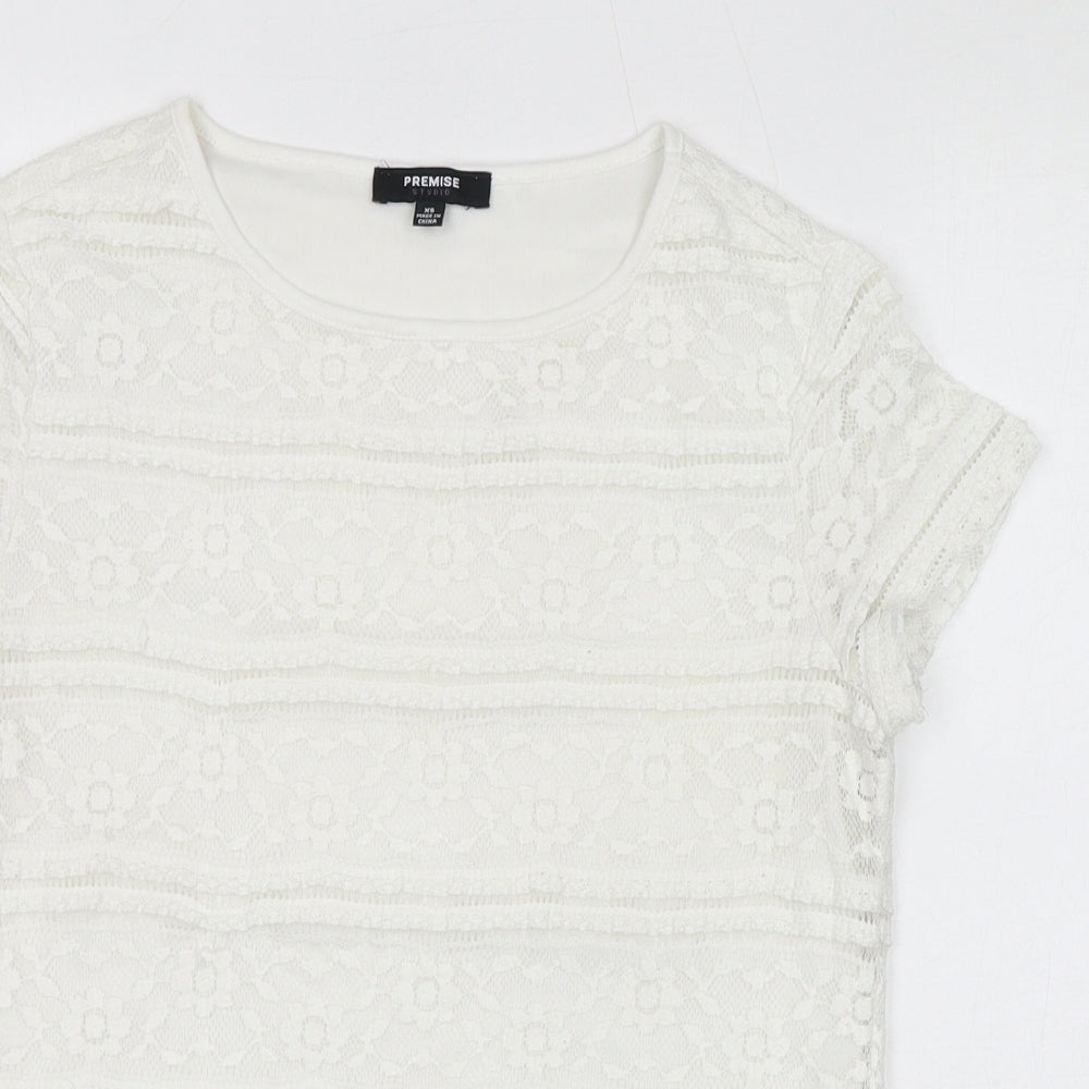Premise Womens White Polyester Basic T-Shirt Size XS Round Neck - Lace