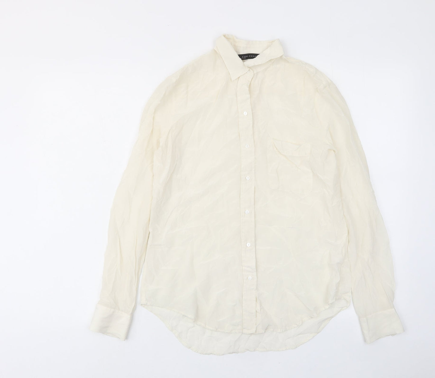 Zara Womens Ivory Polyester Basic Button-Up Size M Collared