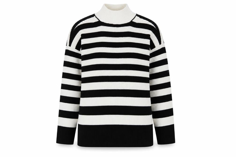 Marks & Spencer Womens White High Neck Striped Cotton Pullover Jumper Size M