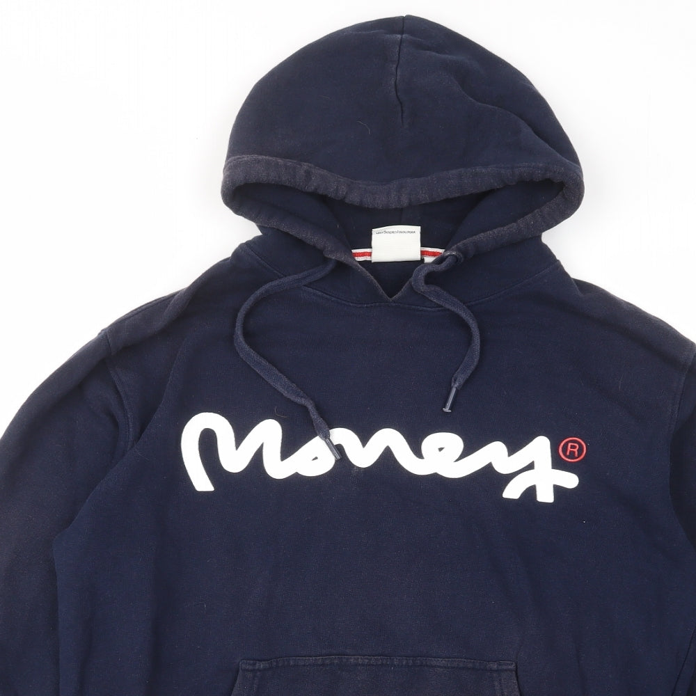 Money Mens Blue Cotton Pullover Hoodie Size M - Logo, Pockets